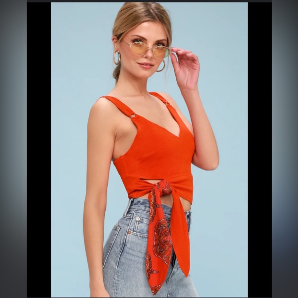 Free People Paisley Pop Red Orange Crop Tie Tank - Picture 1 of 5